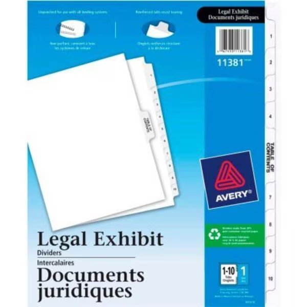 Avery Premium Collated Legal Exhibit Divider, Printed 1 to 10, 8.5"x11", 11 Tabs, White/White, Avery Dennison, Mfr#: 11381