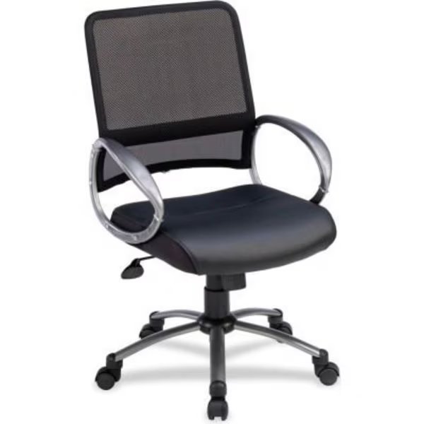 Lorell® Mid-Back Task Chair, 25"W x 25"D x 42"H, Black Leather Seat/Mesh Back, Sp Richards, Mfr#: LLR69518