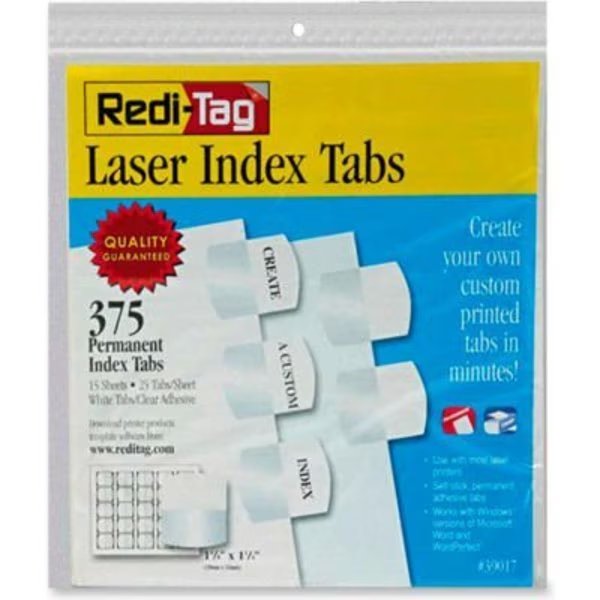 Redi-Tag Laser Index Tab/Blank, 375 Tabs, White/White, Redi-Tag, Mfr#: 39017