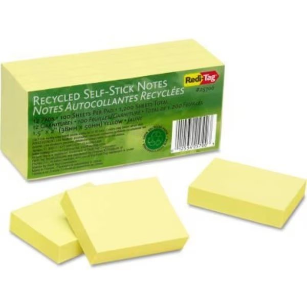 Redi-Tag® 1 Recycled Notes 25700, 1-1/2" x 2", Yellow, 100 Sheets, 12/Pack, Redi-Tag, Mfr#: 25700