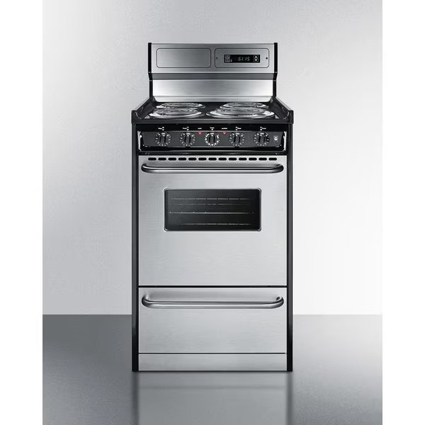 Summit-Deluxe 220V Electric Range, Slim 20"W, Stainless Steel Doors, Summit Appliance Div., Mfr#: TEM130BKWY