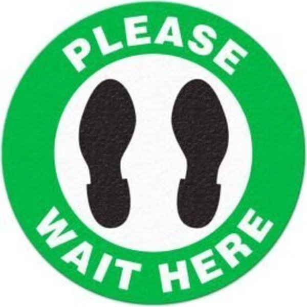 Please Wait Here, Vinyl Adhesive Floor Sign, 17" Round, Top Tape And Label, Mfr#: FS1046V