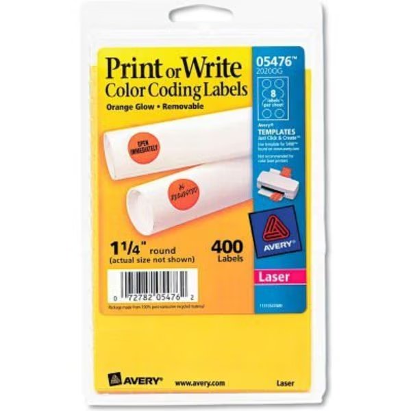 Avery® Print or Write Removable Color-Coding Labels, 1-1/4" Dia, Neon Orange, 400/Pack, Avery, Mfr#: 5476