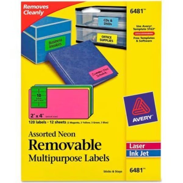 Avery® Removable Self-Adhesive Multipurpose Labels, 2 x 4, Assorted Neon, 120/Pack, Avery, Mfr#: 6481