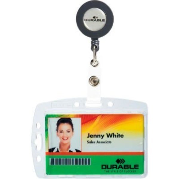 Durable® Shell-Style ID Card Holder, Vertical/Horizontal, With Reel, Clear, 10/Pack, Durable Office Products, Mfr#: 801219