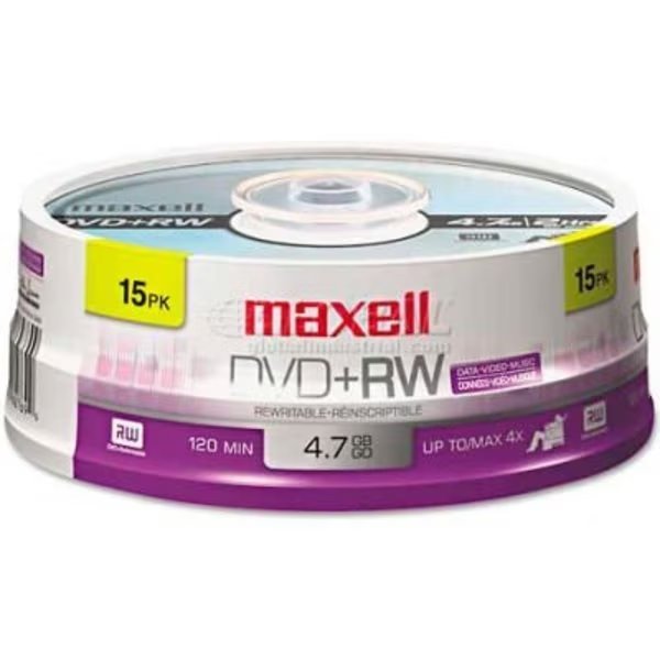 Maxell 634046 DVD+RW Discs, 4.7GB, 4x, Spindle, Silver, 15/Pack, Maxell, Mfr#: 634046