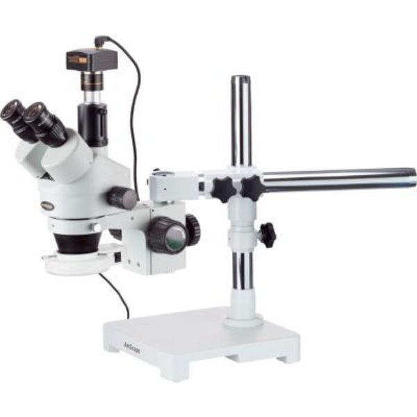 AmScope SM-3T-54S-M 7X-45X Trinocular LED Boom Stand Stereo Zoom Microscope with 1.3MP Camera, United Scope Llc., Mfr#: SM-3T-54S-M