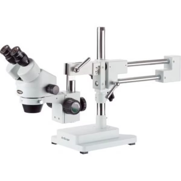 AmScope SM-4B 7X-45X Binocular Stereo Zoom Microscope on Double Arm Boom Stand, United Scope Llc., Mfr#: SM-4B