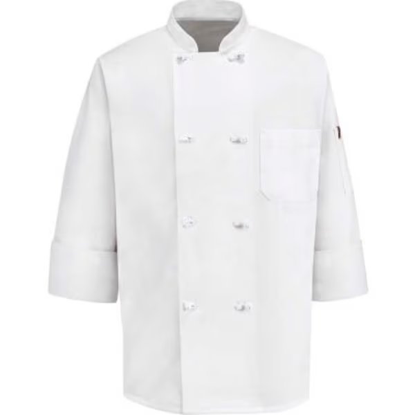 Chef Designs 8 Button-Front Chef Coat, Thermometer Pocket, Cloth Buttons, White, Poly/Cotton, S, Vf Imagewear, Mfr#: 0414WHRGS