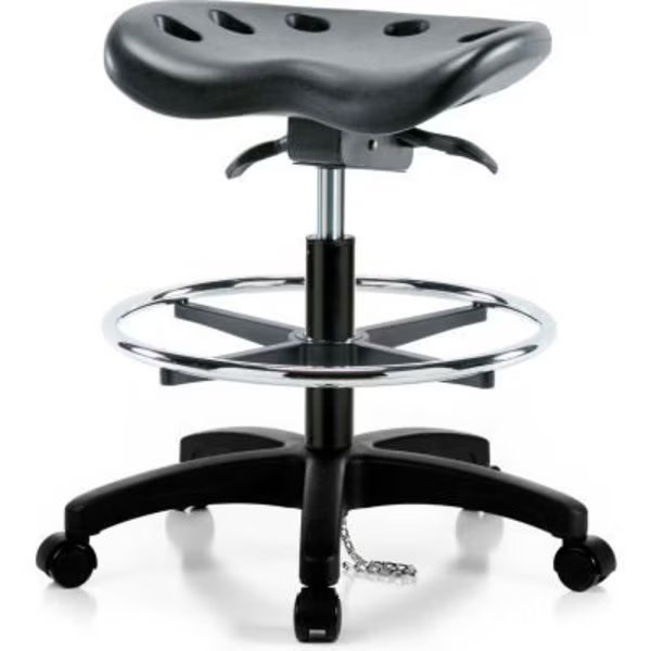 InterionÂ ESD Polyurethane Tractor Stool W/ Foot Ring & Seat Tilt - Black w/ Black Base, E Com, Mfr#: GT827FESD