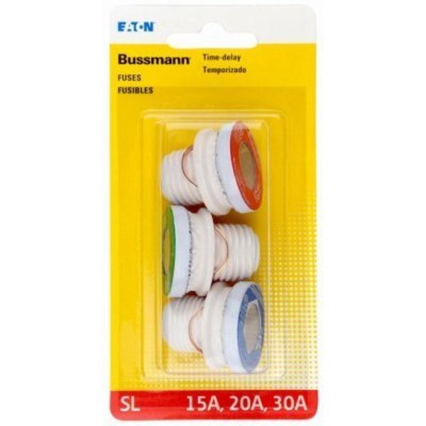 Plug Fuse Kit, SL Series, Time-Delay, 15A, 20A, 30A, 125V AC, Indicating, 10kA at 125V AC, Eaton Bussmann, Mfr#: BP/SL-A
