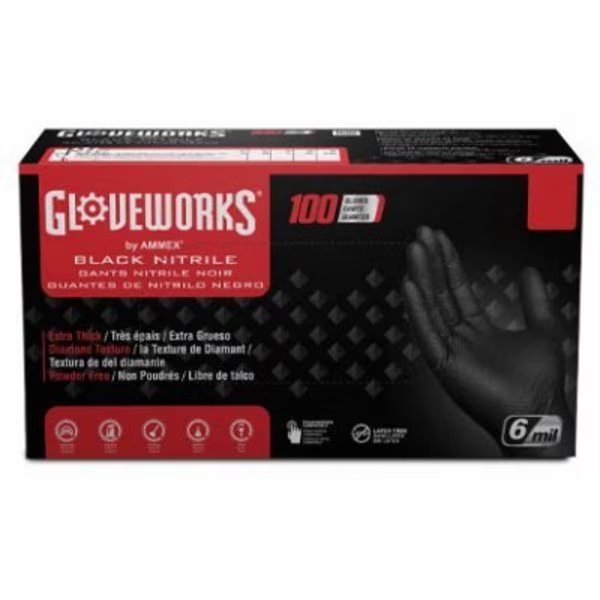 Nitrile Disposable Gloves, 6 mil Palm, Nitrile, Powder-Free, L, Black, Ammex, Mfr#: GWBN46100