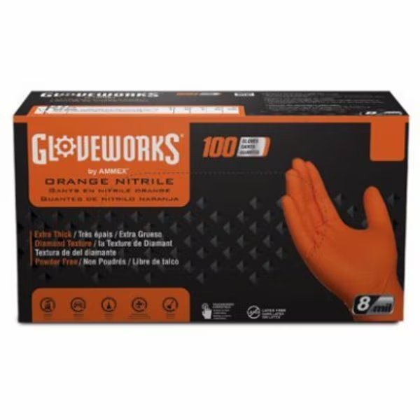 Nitrile Disposable Gloves, 8 mil Palm, Nitrile, Powder-Free, L, Orange, Ammex, Mfr#: GWON46100