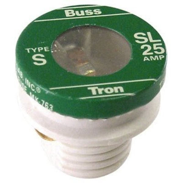 Plug Fuse, SL Series, Time-Delay, 25A, 125V AC, Indicating, 10kA at 125V AC, Eaton Bussmann, Mfr#: SL-25PK4