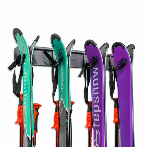 Wall Mounted Ski Rack, Ski Wall Mount for 4 Pairs of Skis & Poles or Snowboard, Set of 4 Hooks, Raxgo, Mfr#: RGWMSR4H