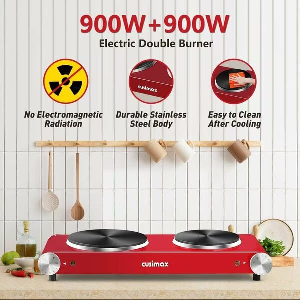 Double Hot Plate, Cast Iron Electric Stove, Stainless Steel, Black, Cusimax, Mfr#: CMHP-B201B