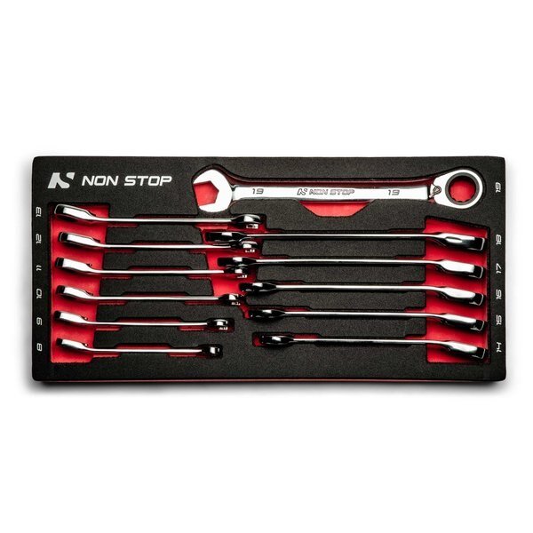 Ultrafine Reversible Ratcheting Combination Wrench Set, 12Pcs Metric 819 mm W Tray, Non Stop Auto Tools, Mfr#: NS71000-12MT