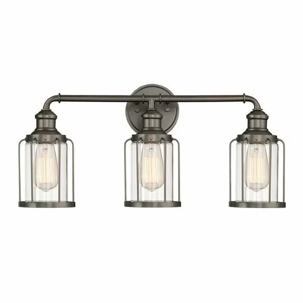 Anson 24in 3-Light Satin Copper Bronze Industrial Indoor Wall Sconce with Clear Glass Shades, Designers Fountain, Mfr#: 91303-SCB