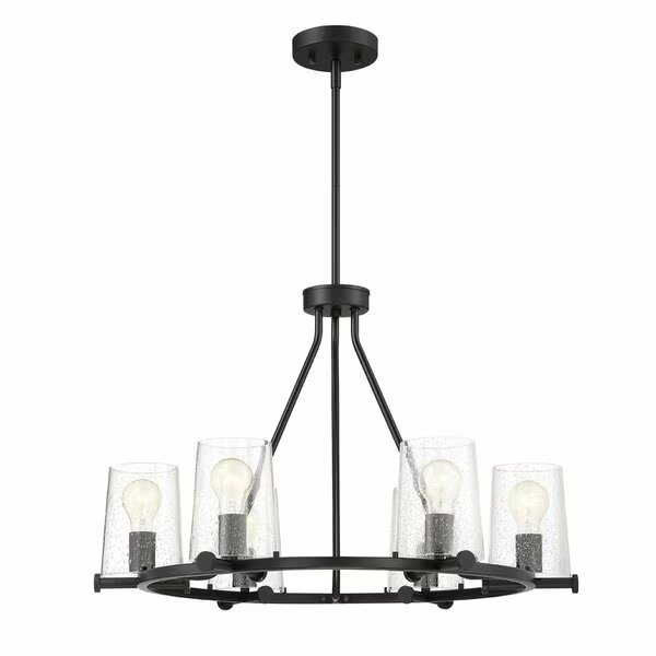 Matteson 6 Light Industrial Matte Black with Clear Seedy Glass Shades Chandelier For Dining Rooms, Designers Fountain, Mfr#: 95886-MB