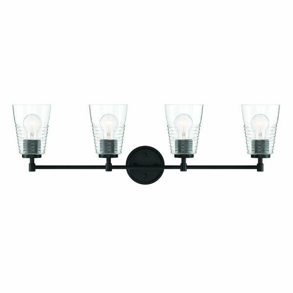 Ingo 33.5in 4-Light Matte Black Modern Indoor Vanity Light with Clear Ribbed Glass Shade, Designers Fountain, Mfr#: D230M-4B-MB