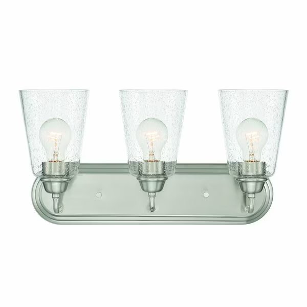 Zane 19in 3-Light Brushed Nickel Industrial Indoor Vanity Light with Clear Seedy Glass Shades, Designers Fountain, Mfr#: D241M-3B-BN