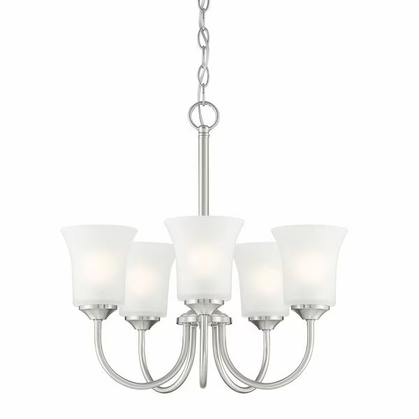 Bronson 5 Light Classic Brushed Nickel with Frosted Glass Shades Chandelier For Dining Rooms, Designers Fountain, Mfr#: D278M-5CH-BN