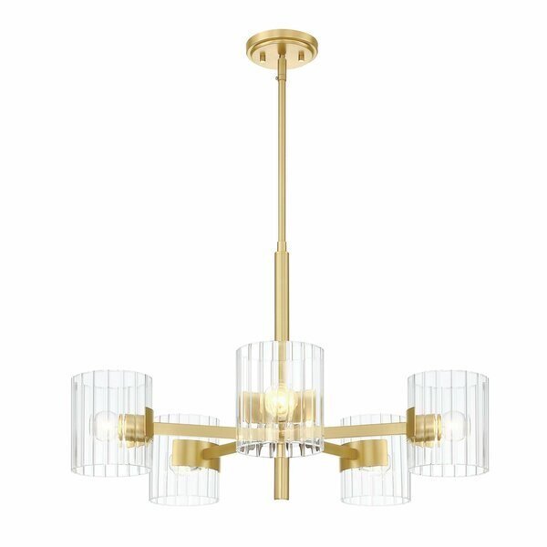 Aries 5 Light Mid Century Modern Brushed Gold with Clear Ribbed Glass Shades Chandelier, Designers Fountain, Mfr#: D284C-5CH-BG