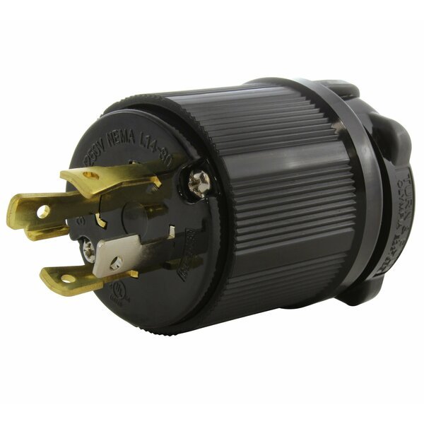 NEMA L14-30P 30A 125/250V 4-Prong Locking Male Plug With UL, C-UL Approval in Black, Ac Works, Mfr#: ASL1430P-BK