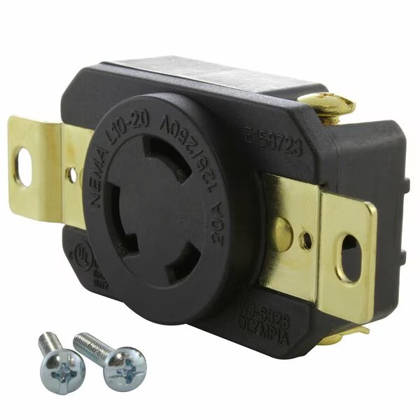 20A 125/250V NEMA L10-20R Flush Mount Locking Industrial Grade Receptacle, Ac Works, Mfr#: FML1020R