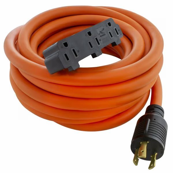 25ft L5-30P 30 Amp 3-Prong Generator Locking Plug to Household Tri-Outlets, Ac Works, Mfr#: L530W515-025