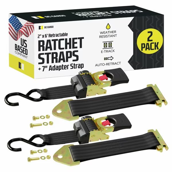 2in X 6' Retractable Ratchet Straps w/ E-Track Adapters, 2PK, Dc Cargo, Mfr#: 26RRBOET-2
