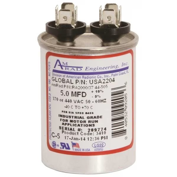 ROUND USA-MADE MOTOR RUN CAPACITOR, 5 MFD, 370/440 VAC, Amrad Engineering, Mfr#: USA2204