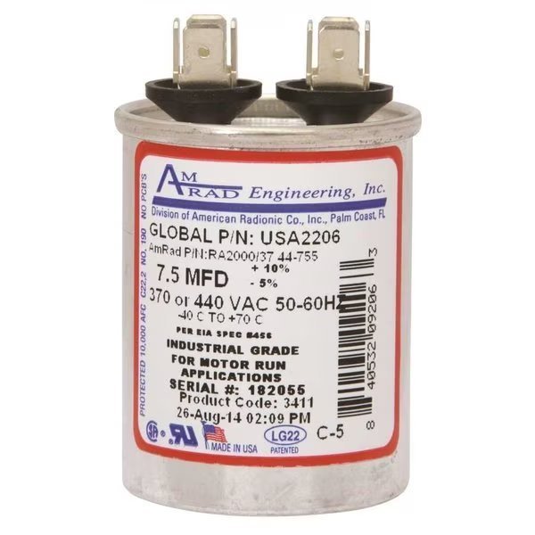 ROUND MOTOR RUN CAPACITOR, 7.5 MFD, 370/440 VAC, Amrad Engineering, Mfr#: USA2206