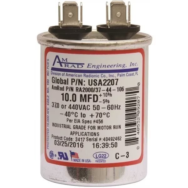 ROUND MOTOR RUN CAPACITOR, 10 MFD, 370/440 VAC, Amrad Engineering, Mfr#: USA2207
