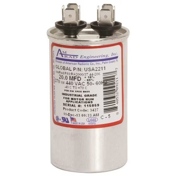 ROUND USA-MADE MOTOR RUN CAPACITOR, 20 MFD, 370/440 VAC, Amrad Engineering, Mfr#: USA2211