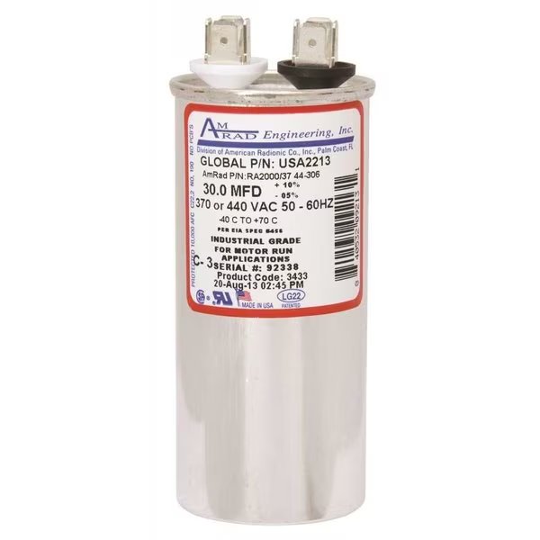 ROUND USA-MADE MOTOR RUN CAPACITOR, 30 MFD, 370/440 VAC, Amrad Engineering, Mfr#: USA2213