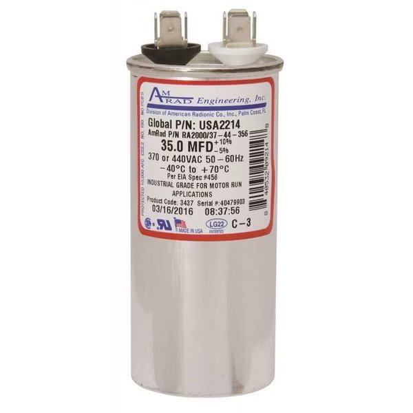 ROUND MOTOR RUN CAPACITOR, 35 MFD, 370/440 VAC, Amrad Engineering, Mfr#: USA2214