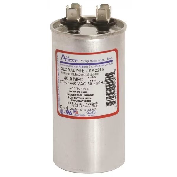 ROUND USA-MADE MOTOR RUN CAPACITOR, 40 MFD, 370/440 VAC, Amrad Engineering, Mfr#: USA2215