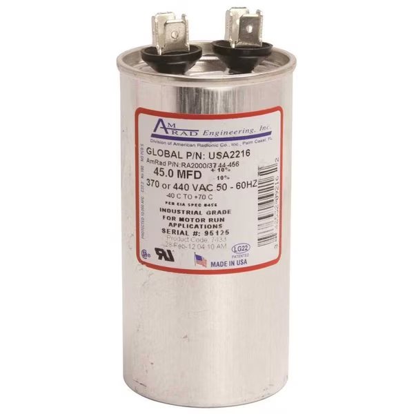 ROUND MOTOR RUN CAPACITOR, 45 MFD, 370/440 VAC, Amrad Engineering, Mfr#: USA2216