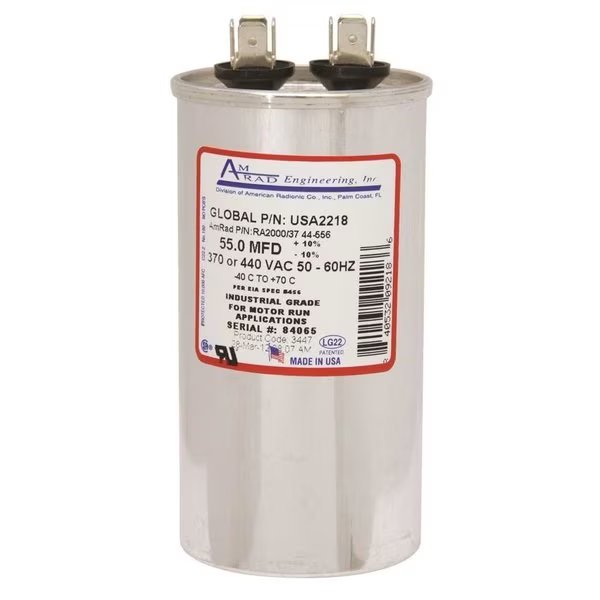 ROUND MOTOR RUN CAPACITOR, 55 MFD, 370/440 VAC, Amrad Engineering, Mfr#: USA2218
