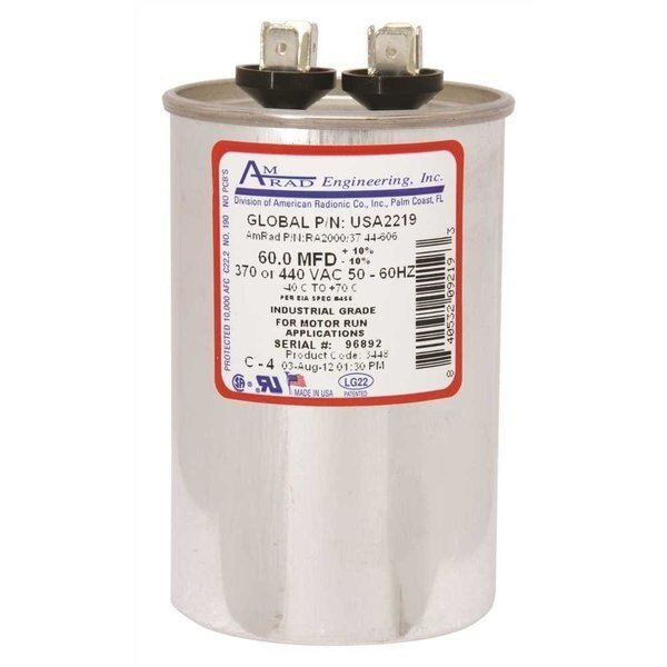 ROUND MOTOR RUN CAPACITOR, 60 MFD, 370/440 VAC, Amrad Engineering, Mfr#: USA2219