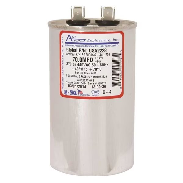ROUND MOTOR RUN CAPACITOR, 70 MFD, 370/440 VAC, Amrad Engineering, Mfr#: USA2228