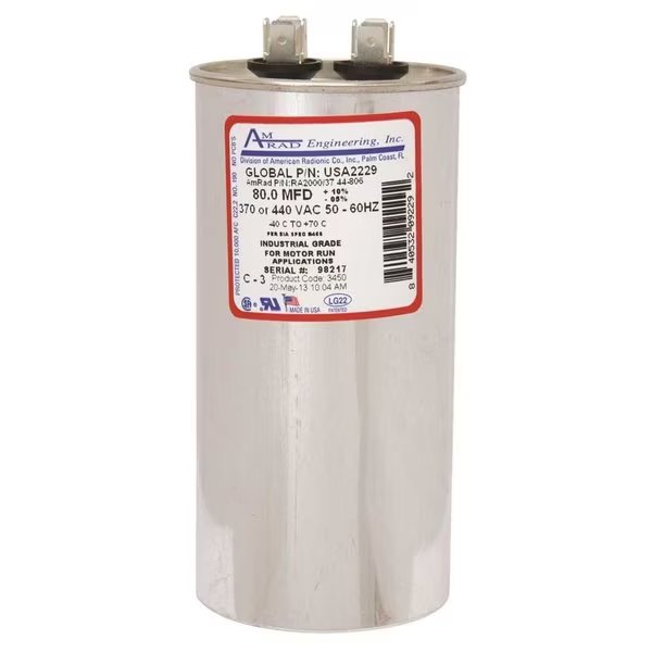 ROUND USA-MADE MOTOR RUN CAPACITOR, 80 MFD, 370/440 VAC, Amrad Engineering, Mfr#: USA2229