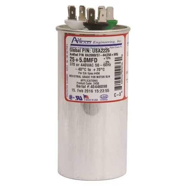 ROUND MOTOR RUN CAPACITOR, 25/5 MFD, 370/440 VAC, Amrad Engineering, Mfr#: USA2225