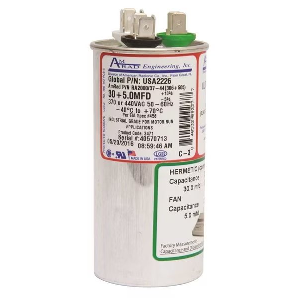 ROUND USA-MADE MOTOR RUN CAPACITOR, 30/5 MFD, 370/440 VAC, Amrad Engineering, Mfr#: USA2226
