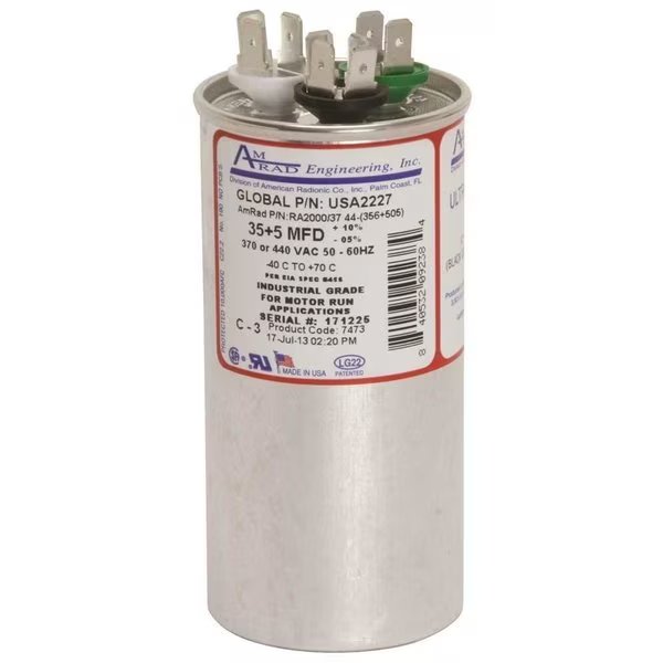ROUND USA-MADE MOTOR RUN CAPACITOR, 35/5 MFD, 370/440 VAC, Amrad Engineering, Mfr#: USA2227