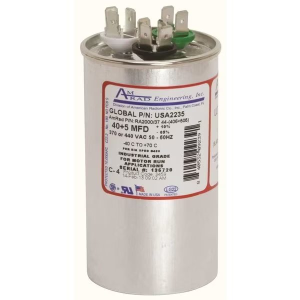 ROUND USA-MADE MOTOR RUN CAPACITOR, 40/5 MFD, 370/440 VAC, Amrad Engineering, Mfr#: USA2235