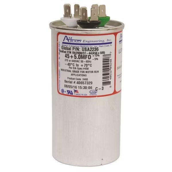 ROUND USA-MADE MOTOR RUN CAPACITOR, 45/5 MFD, 370/440 VAC, Amrad Engineering, Mfr#: USA2236