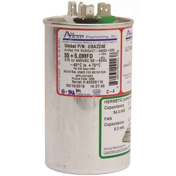 ROUND USA-MADE MOTOR RUN CAPACITOR, 55/5 MFD, 370/440 VAC, Amrad Engineering, Mfr#: USA2240