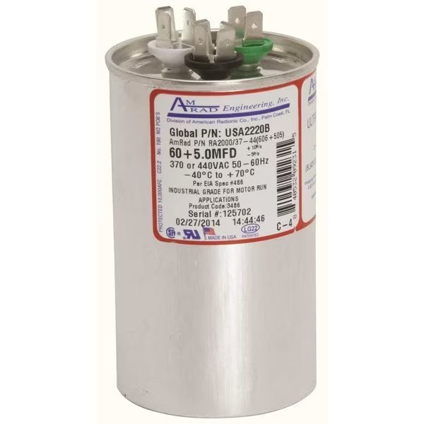 ROUND MOTOR RUN CAPACITOR, 60/5 MFD, 370/440 VAC, Amrad Engineering, Mfr#: USA2220B
